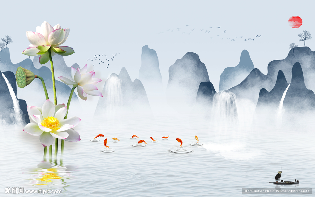 荷 花山水电视墙画 TIF分层