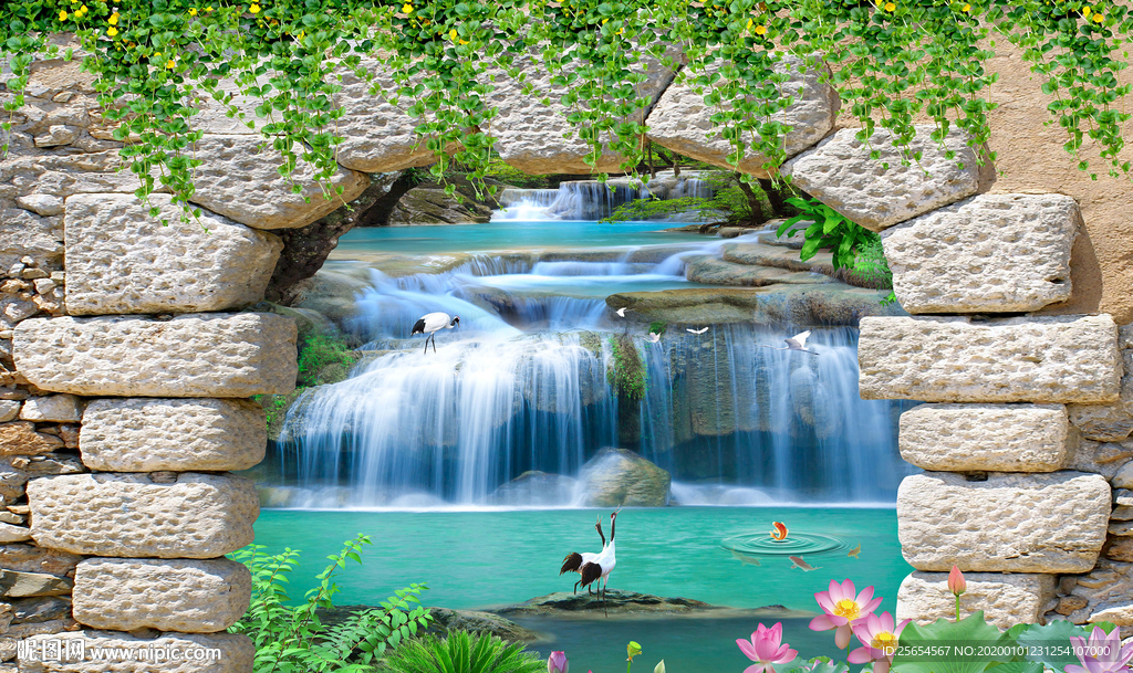 流水生财风景画3D电视背景墙