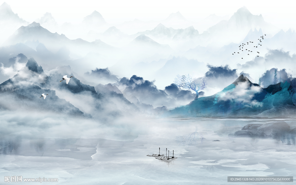 蓝色山水高档挂画 TIF分层