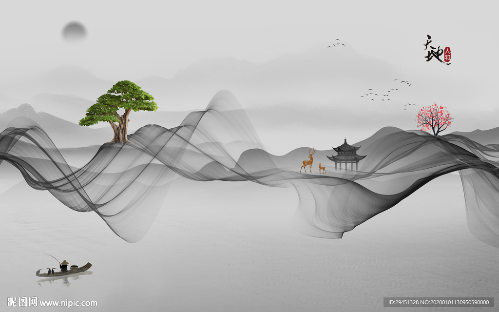 高档 线条山水画 TIF分层