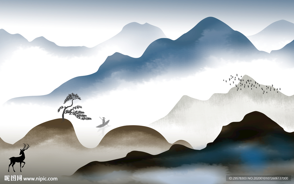 新中式山水电视背景 TIF分层