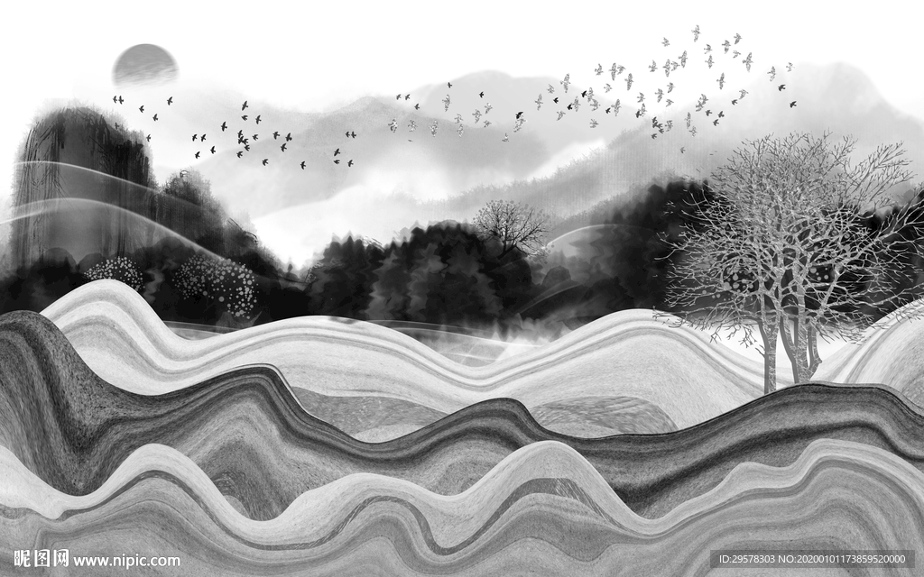 高清山水画背景墙 TIF分层