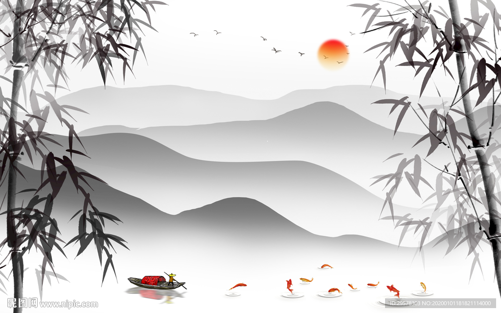 竹子山水画背景墙 TIF分层
