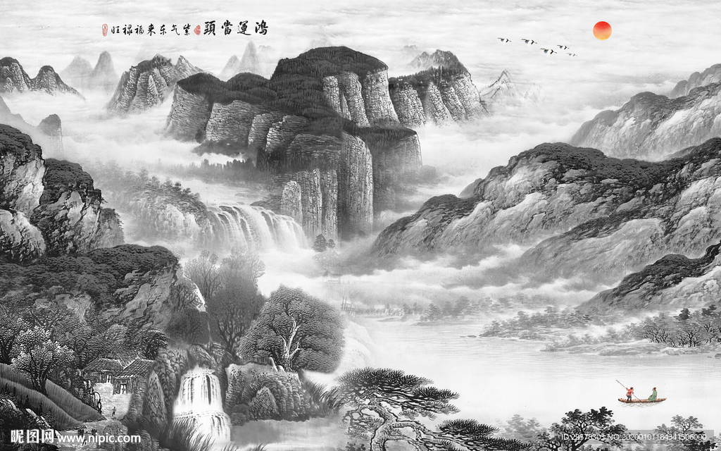 灰色山水画背景墙 TIF分层