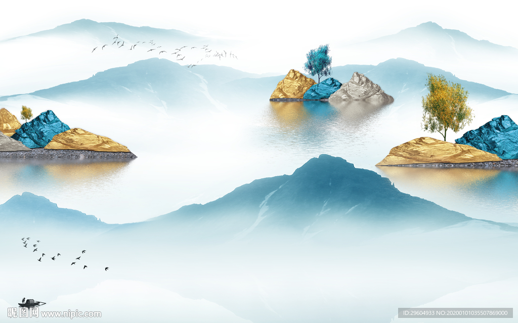 金色山水意境国画 TIF分层