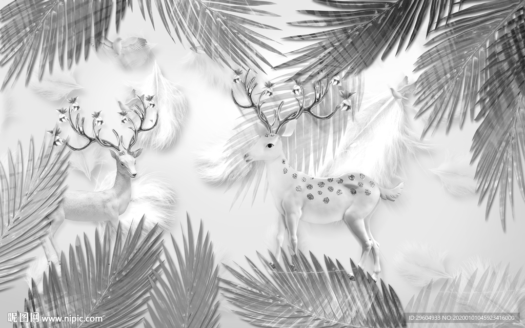 麋鹿北欧背景墙画 TIF分层