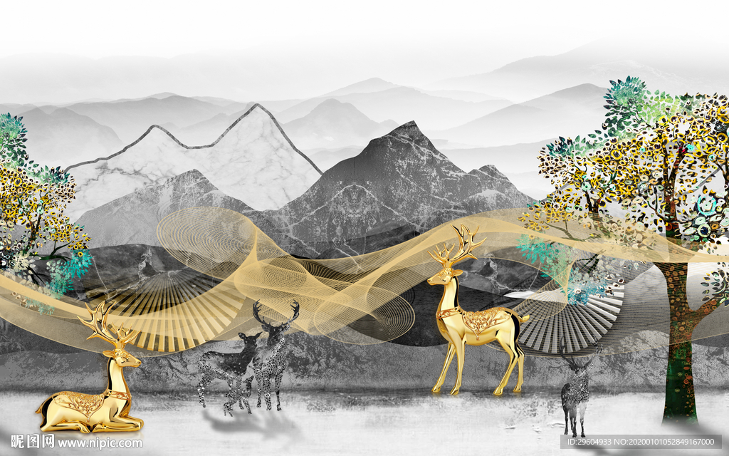 线条麋鹿背景墙 TIF分层