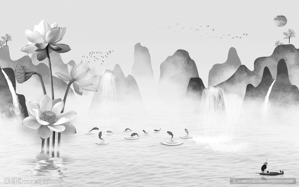 新中式山水背景墙画 TIF分层