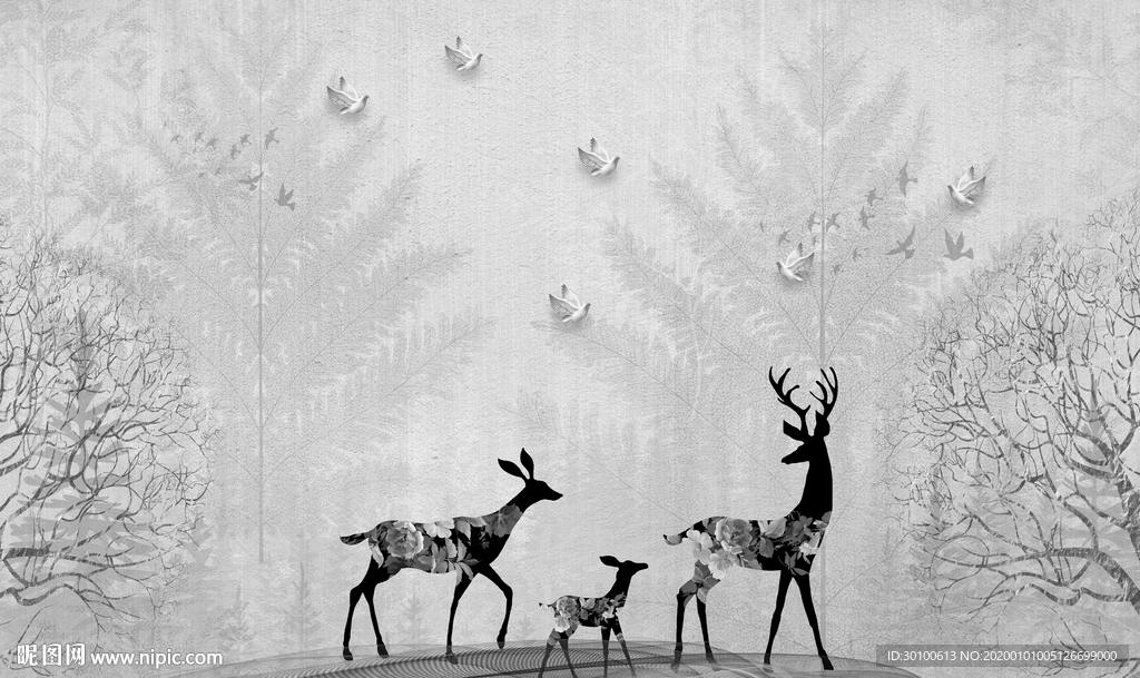 麋鹿森林 装饰画 TIF分层