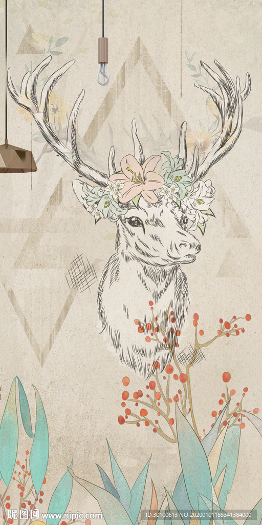 麋鹿大气玄关挂画 TIF分层