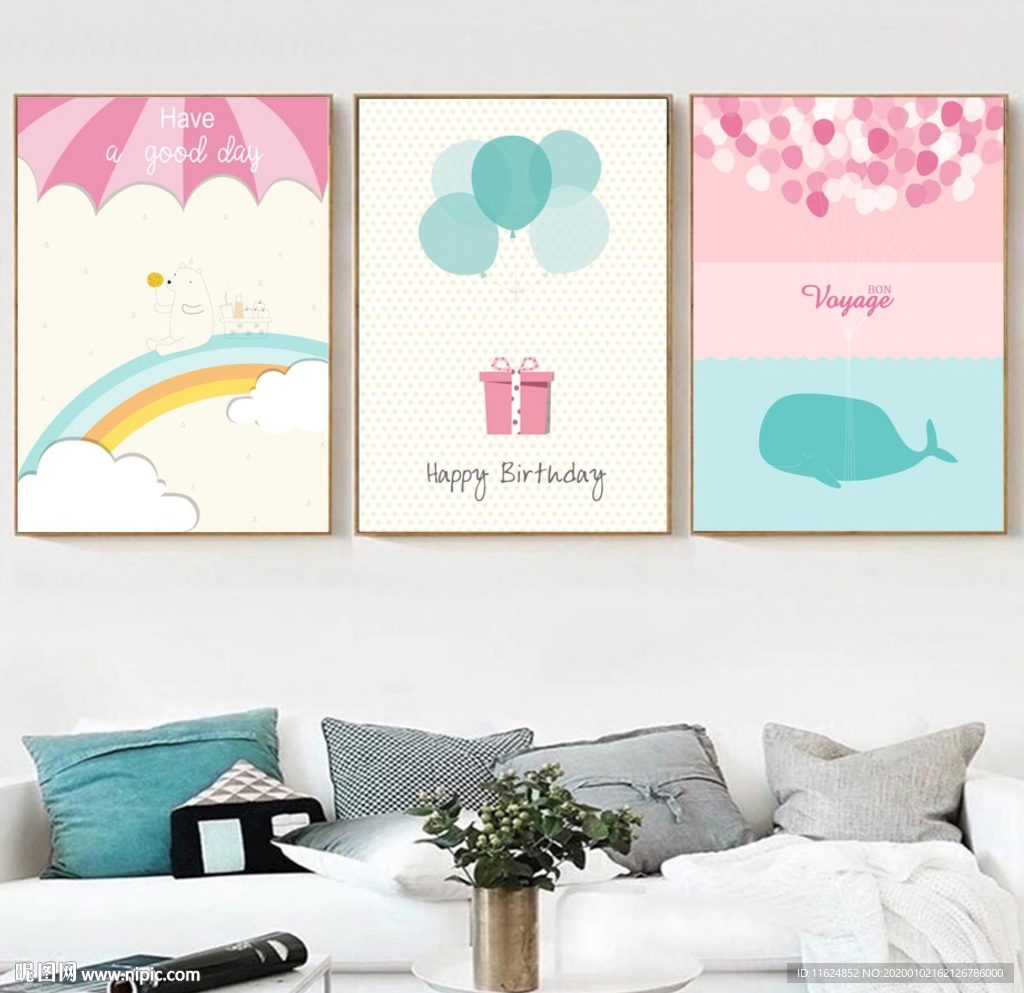 手绘卡通动物公主房装饰画