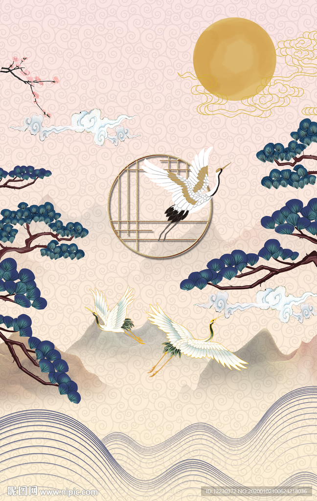 中国风国潮闲云野鹤松树插画元素