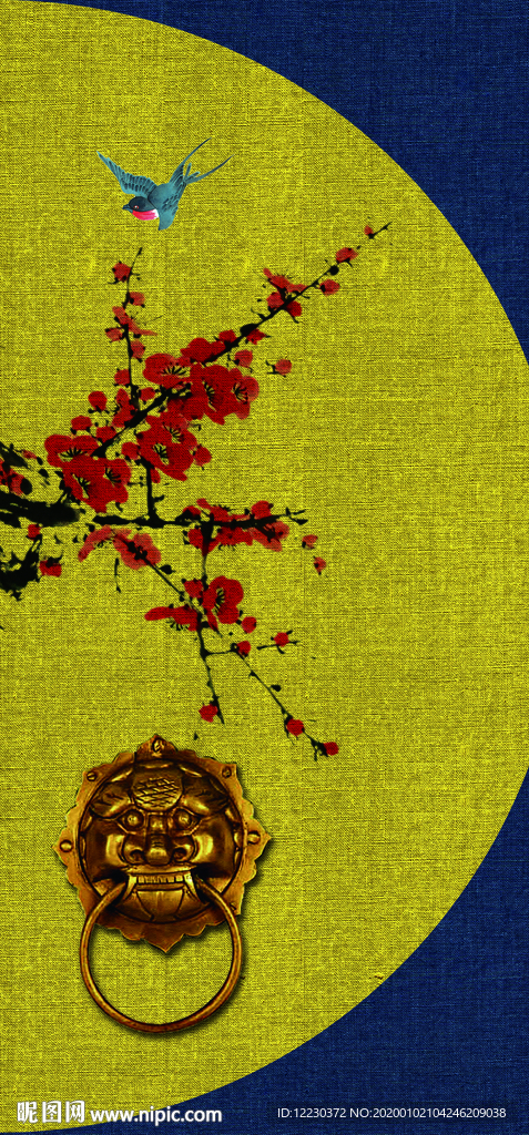 国潮插画梅花月亮古代门栓元素