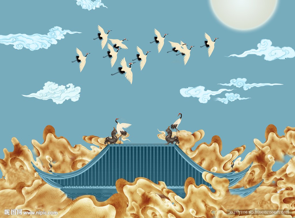 新中式背景墙 祥云飞鹤