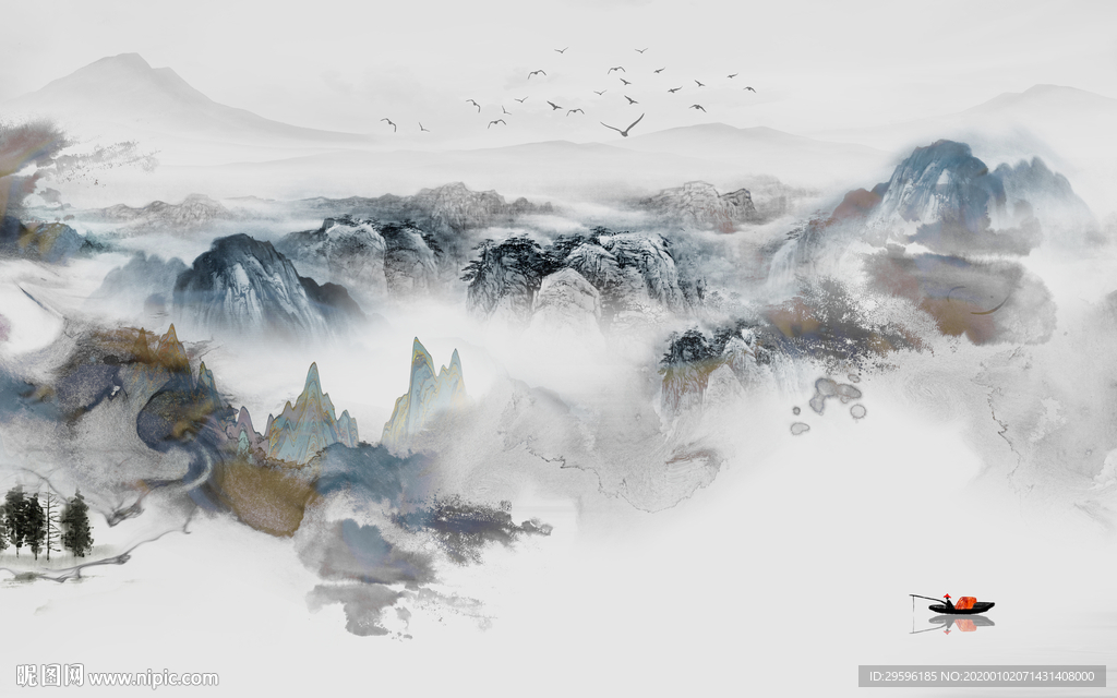 中国风高清新山水画 TIF分层