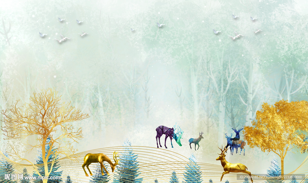 金色麋鹿新装饰画 TIF分层