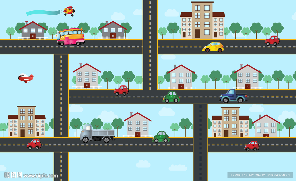 卡通城市汽车马路儿童房背景墙