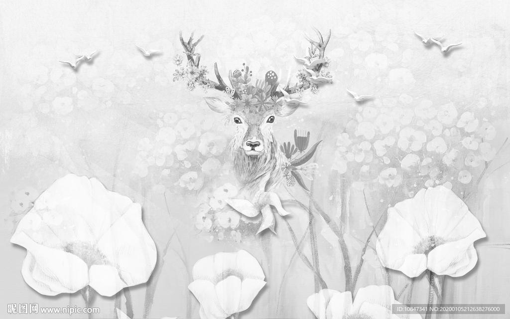 鹿头欧式装饰墙画 TIF分层