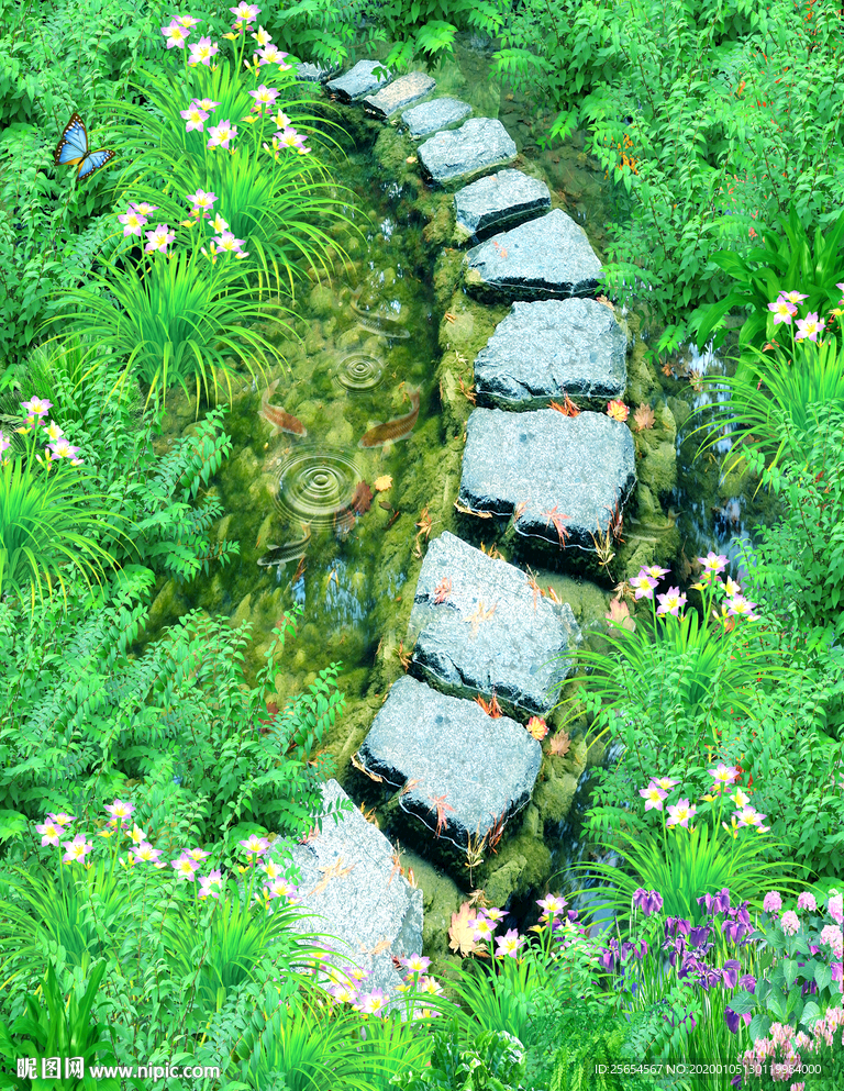 鲜花草地小溪3D地板地贴