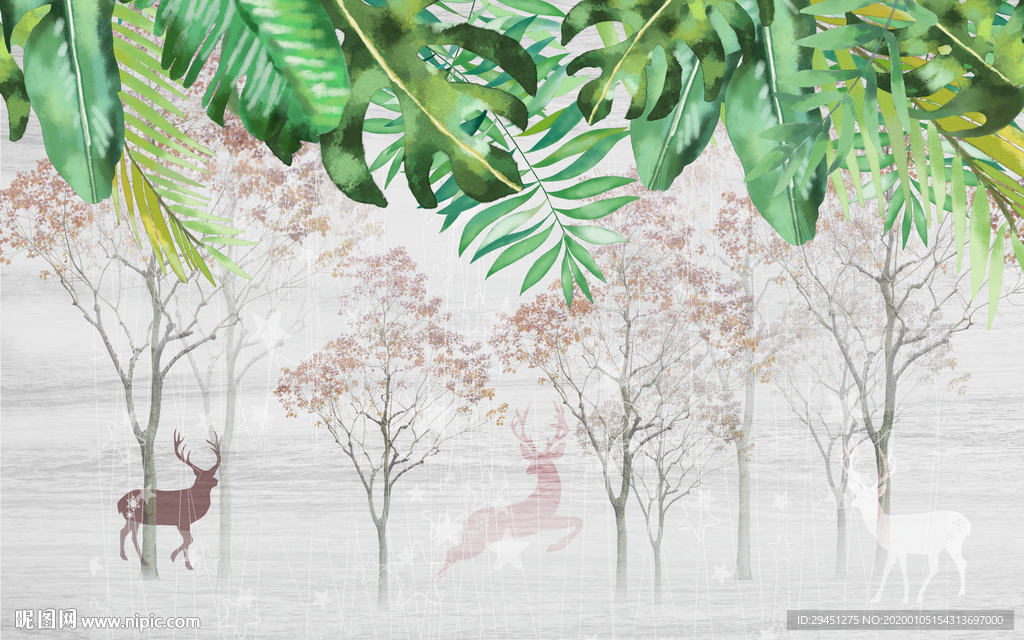 北欧麋鹿背景墙画 TIF分层
