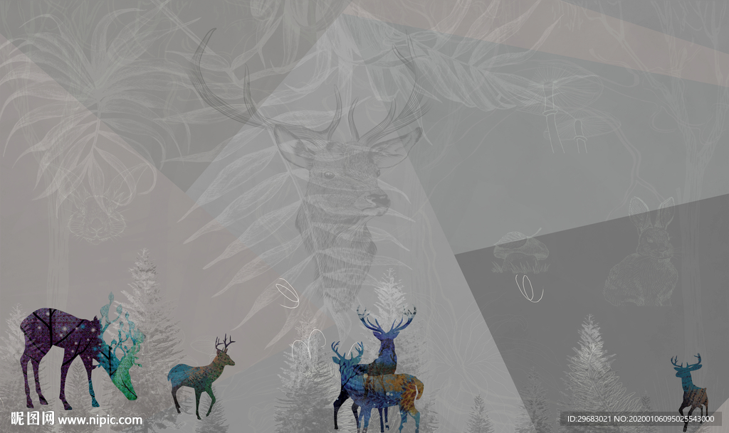 麋鹿装饰高端画 TIF分层