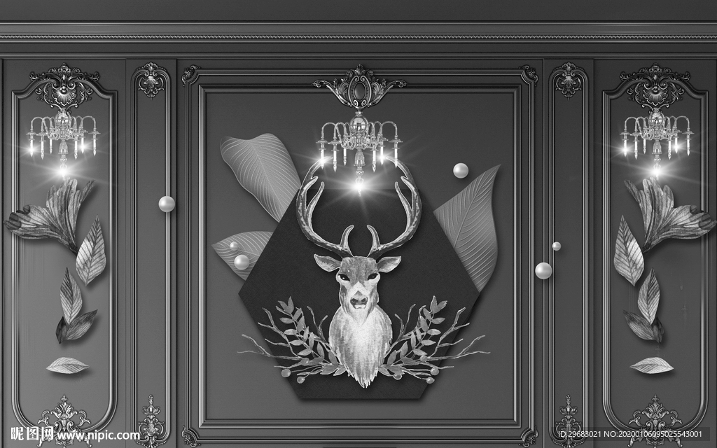鹿头装饰高端画 TIF分层