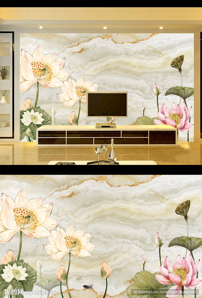 大理石纹理荷花电视背景墙