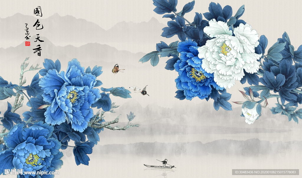 蓝色牡丹电视墙背景