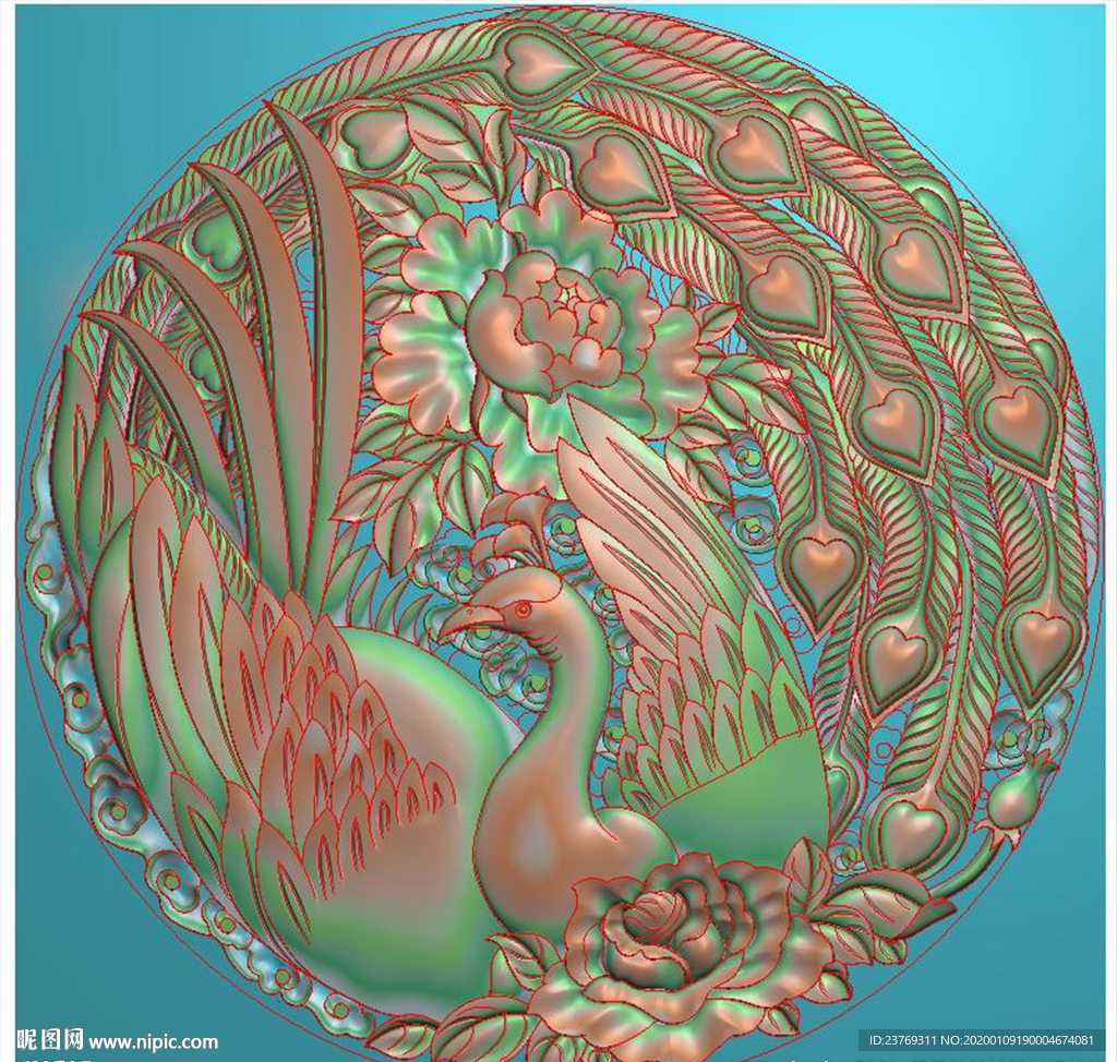 圆形孔雀牡丹花挂件精雕图浮雕图