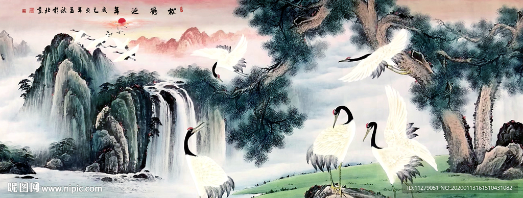 松鹤延年山水画招财画