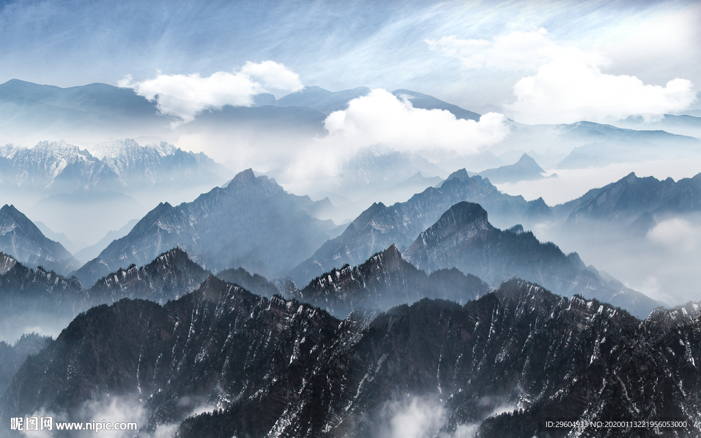 蓝色山水新中式画 TIF分层