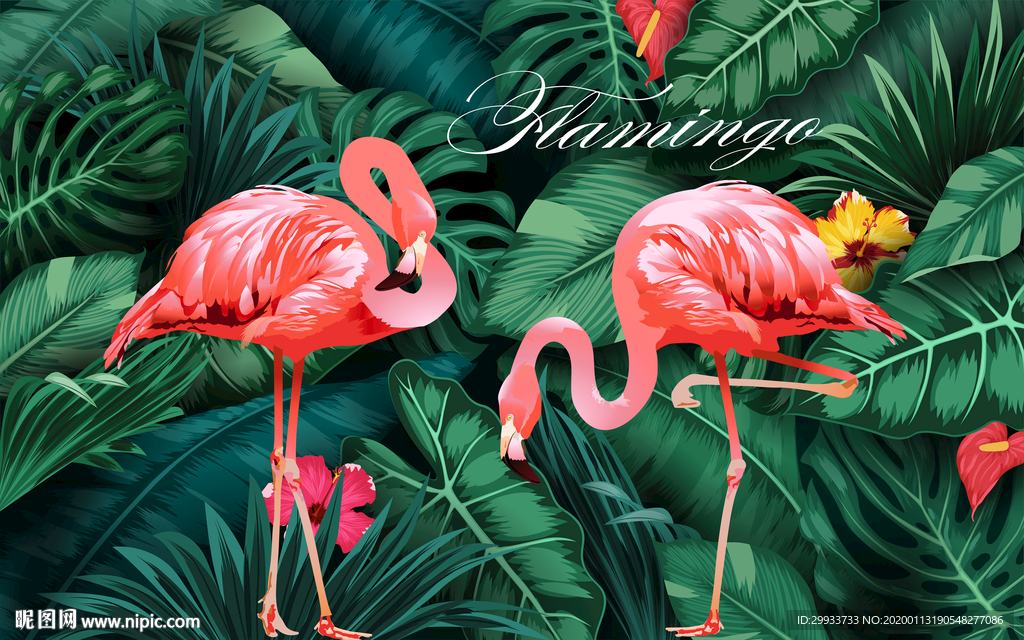 手绘小清新植物火烈鸟背景墙