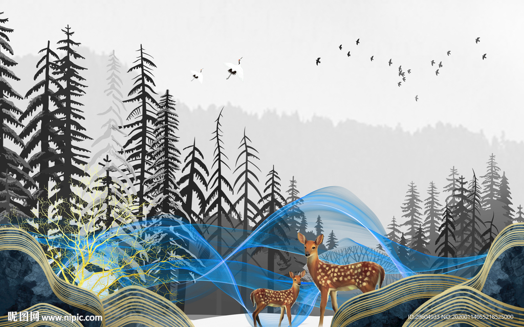 麋鹿欧式装饰壁画 TIF分层