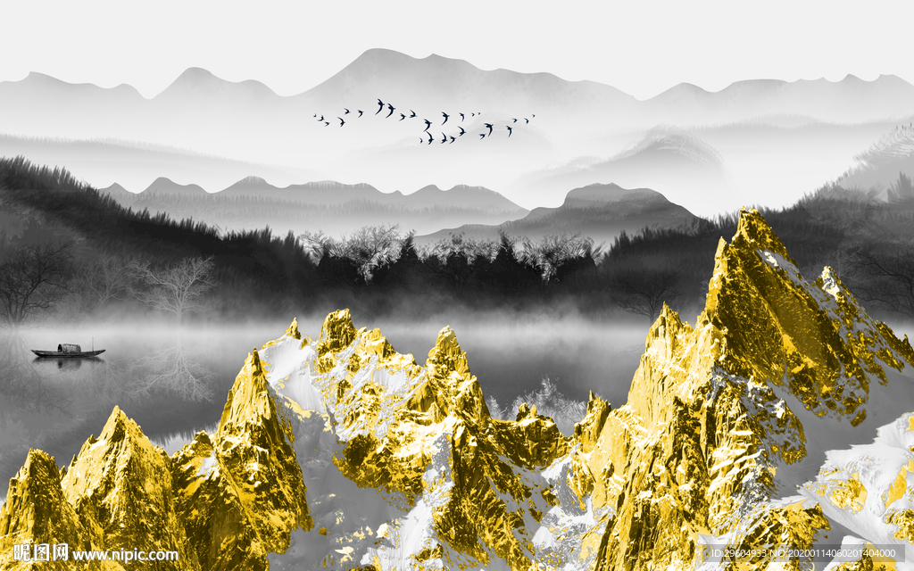 金色山水意境国画 TIF分层