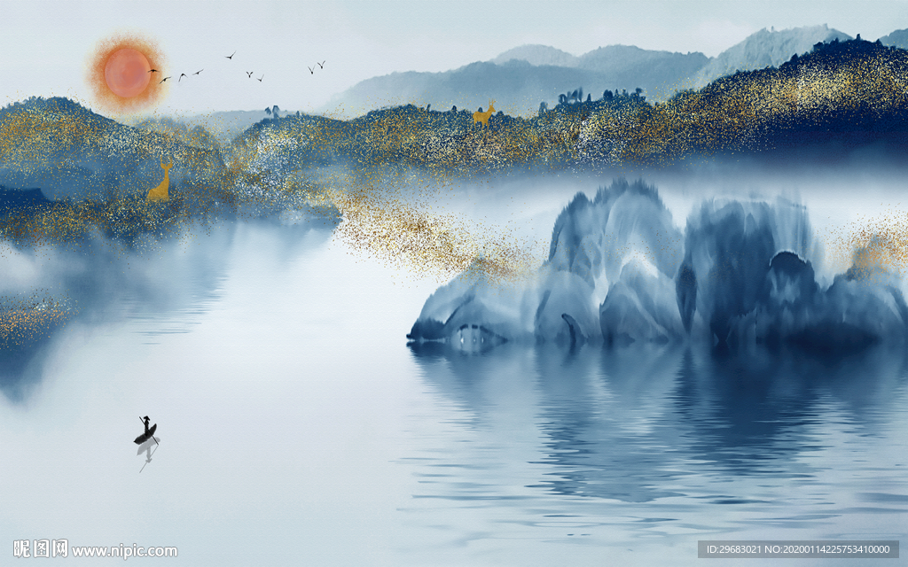 中式最新山水墙画 TIF分层