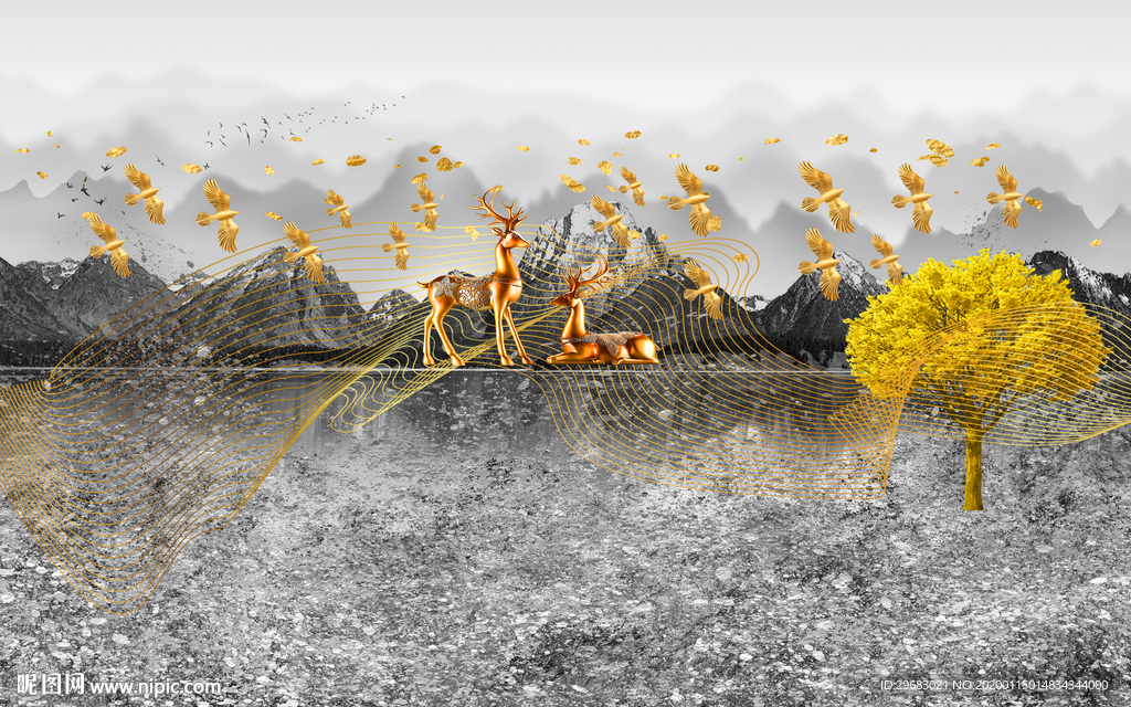 麋鹿背景新山水画 TIF分层