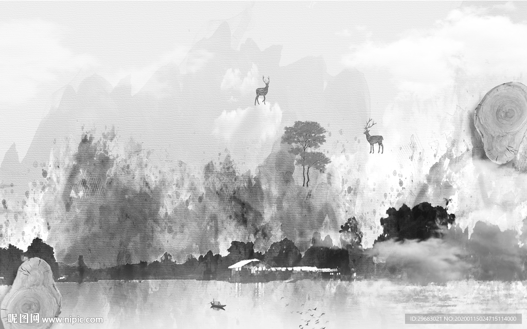 新中式背景新山水画 TIF分层