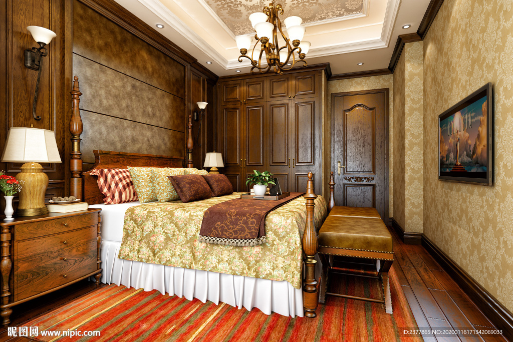 美式复古风格别墅装修卧室效果图