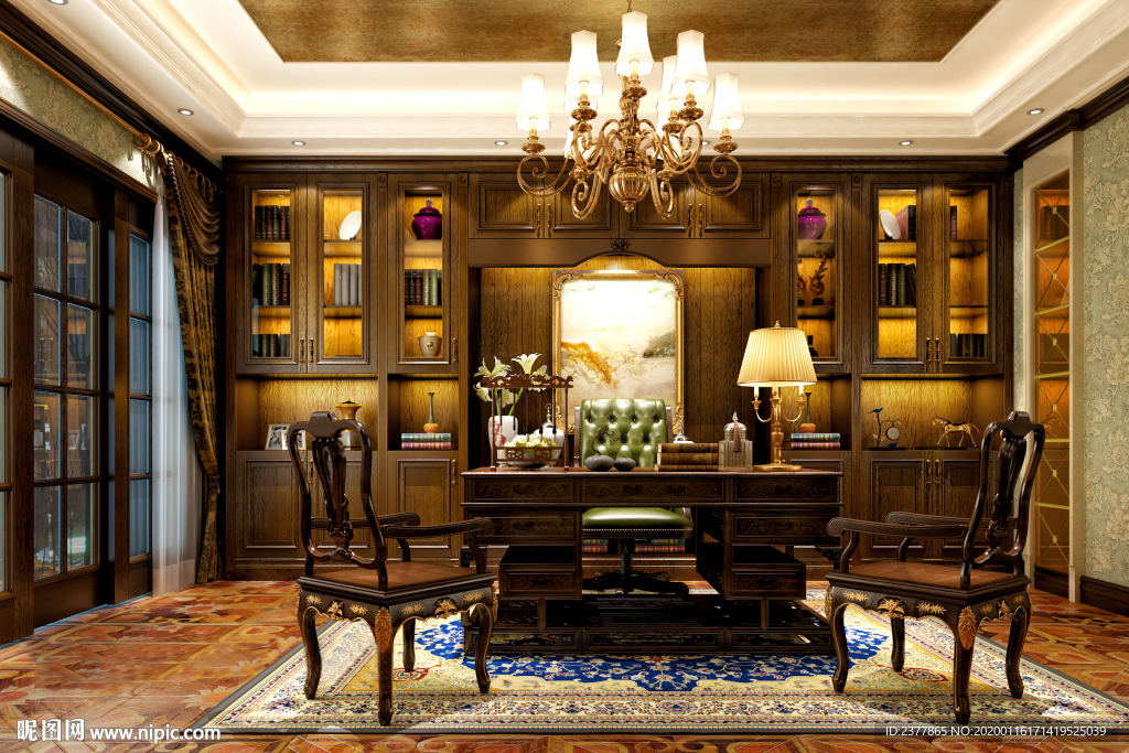 美式复古风格别墅装修书房效果图