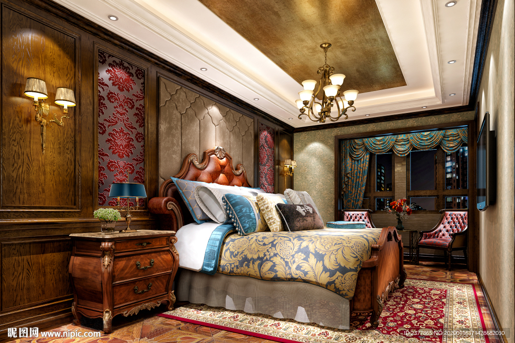 美式复古风格别墅装修卧室效果图