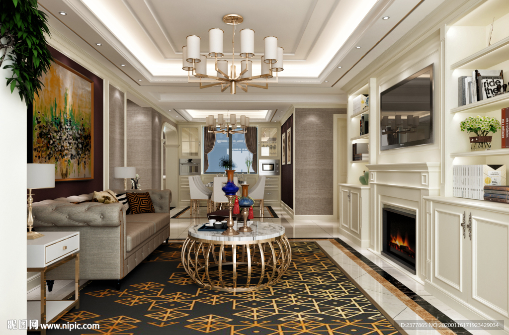 美式欧式风格装修客餐厅效果图