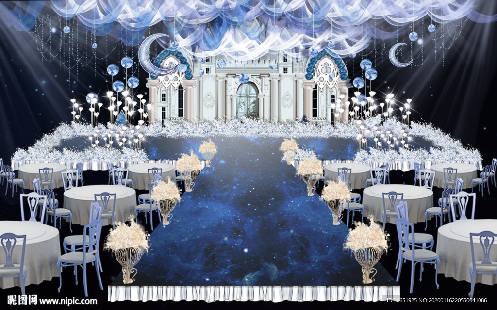 欧式蓝色梦幻城堡婚礼舞台背景