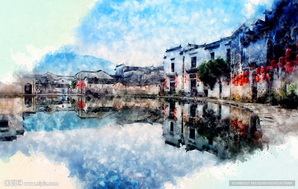 江南风景水彩素材