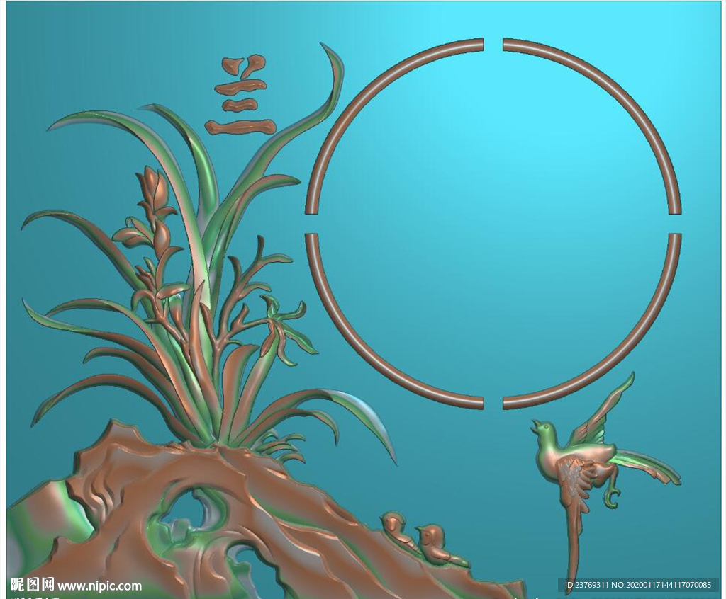 花草兰花茶盘砚台精雕图浮雕灰度