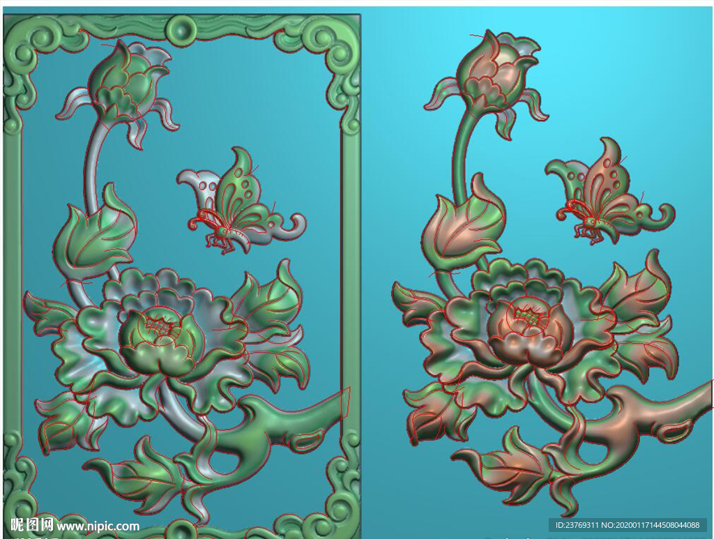 牡丹花46牌玉雕蝴蝶牡丹精雕图