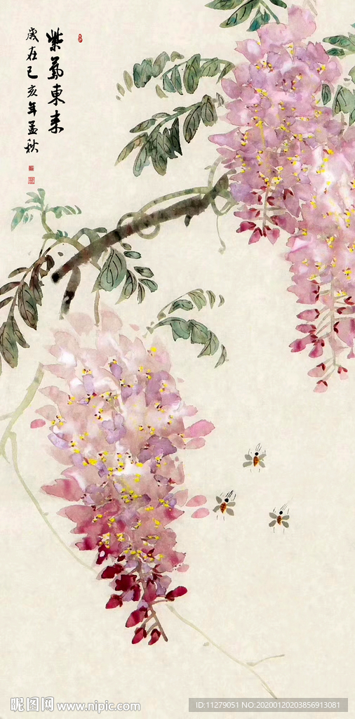 紫气东来紫藤花花鸟画