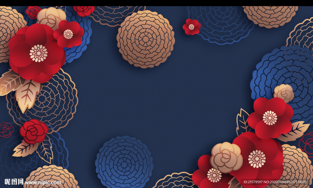 蓝色高档美丽剪纸花朵背景