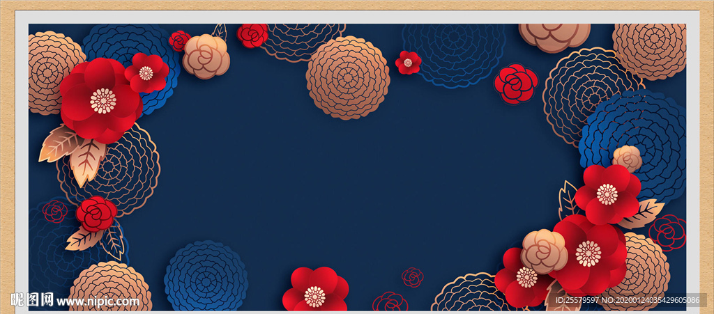 蓝色质感美丽剪纸花朵背景