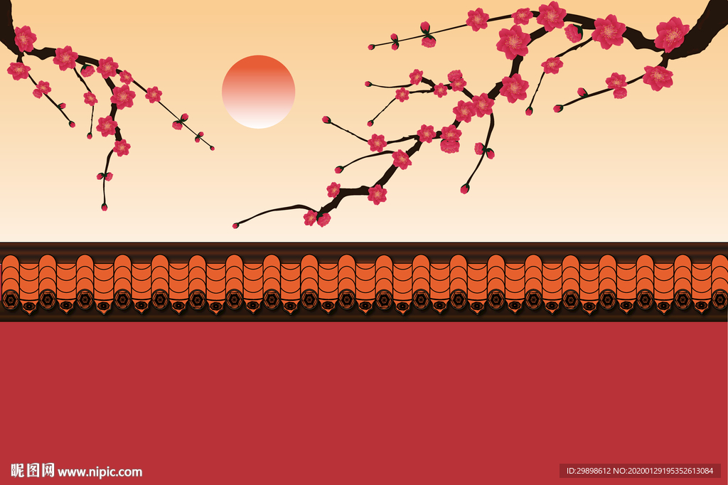 矢量图红墙黄瓦梅花枝背景图