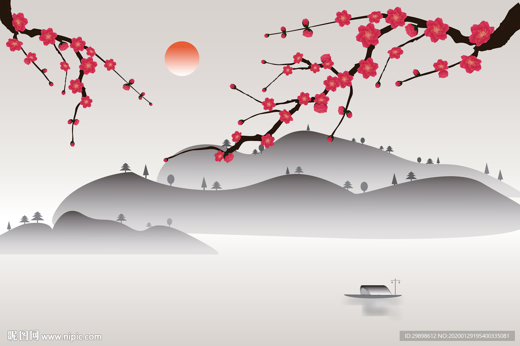 矢量图新中国风梅花群山画